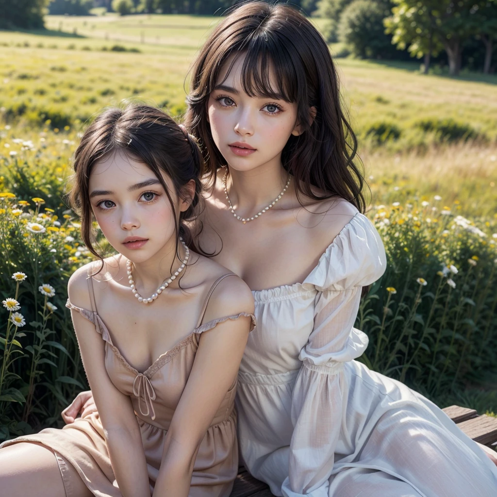 UHD, 8K, surrealism, light brown hair, tears of joy, red eyes, crystal earrings, smile, cowboy lens, Sony FE,Realistic skin details,Very detailed background,Visible pores,white dress, off-the-shoulder, blooming flower field, glowing skin, light smile, camel toe, (no panties), (no bra)