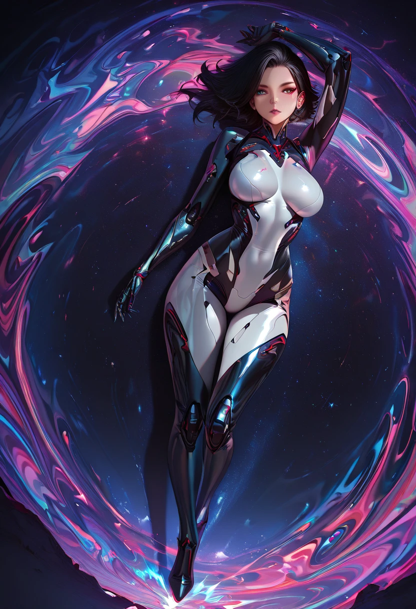 Full body portrait, liquid demoness, arcane liquid, fighting stance, sexy, busty alluring, erotic,( body formed from mauveine and black liquid metallic paint twisting into a beautiful interpretation of the female figure), long sharp fangs, ((complex metallic colours in the foreground)), (( fluid mechanics, the loveliest smooth scale face makeup)) - dark blood, onyxia, translucent skin mechanical