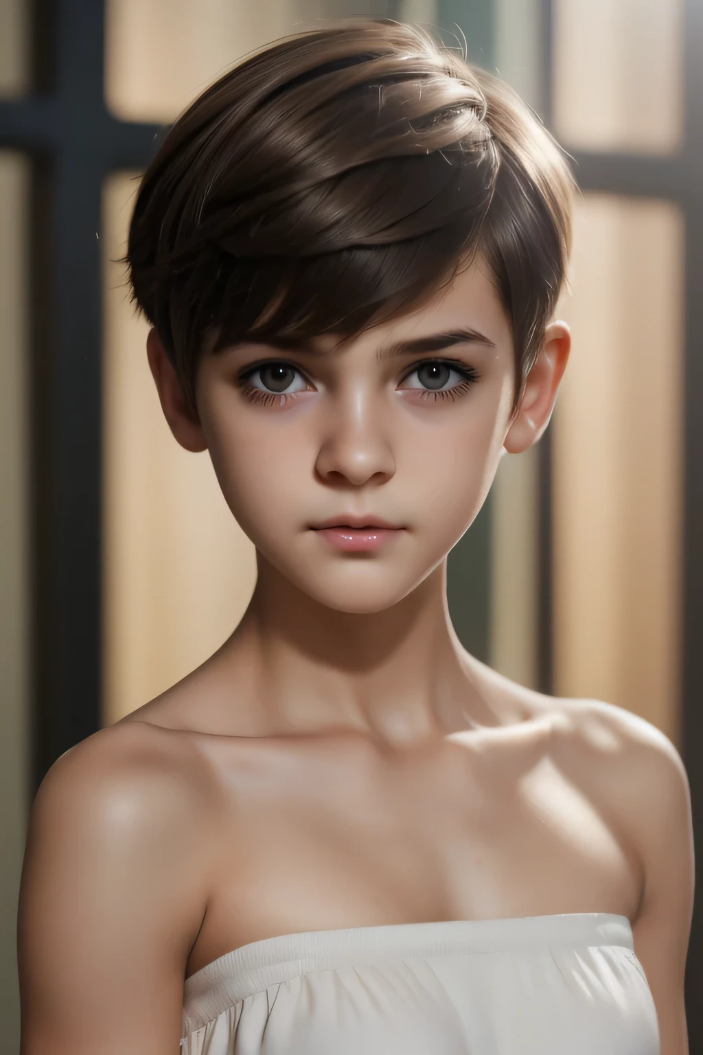 ((Femboy)), Shorthaircut Stylish, adorable, 1 femboy, (face to face), , ((baby face)), (cry sad face expression), half body portrait, (face details: 1), (eye details: 1), ((Tiny breasts:1.3)), Cute posed. proportional body. Ultra High Res. realistic: 1.4, UHD, (perfect white strapless)