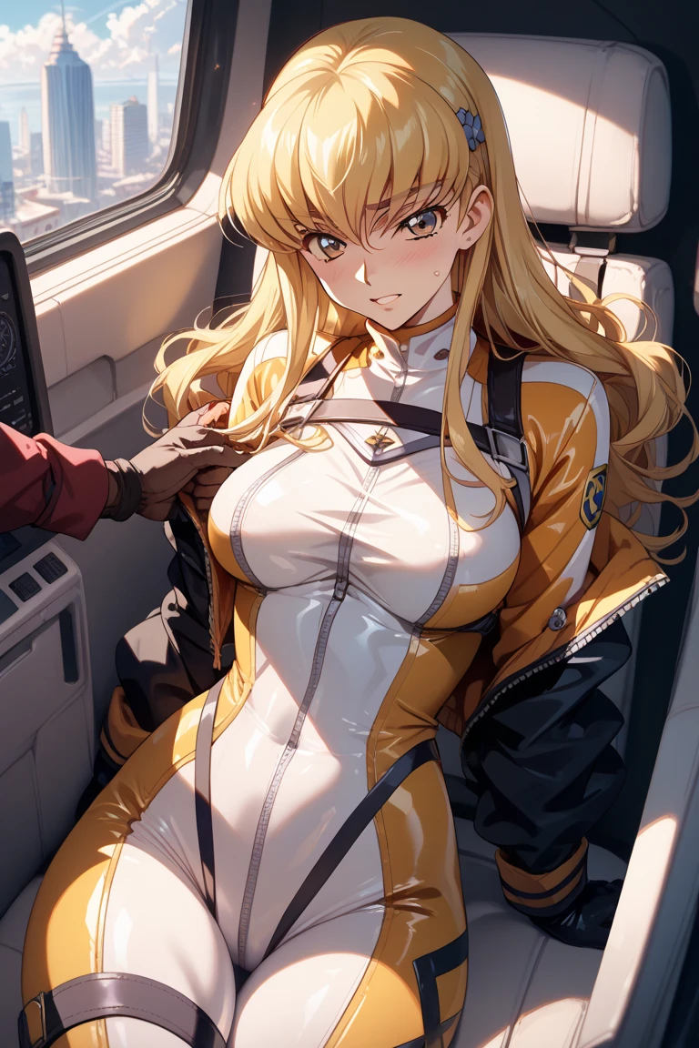(((best quality))), (((masterpiece))), (((detailed))),
MoriYuki,
solo, closed mouth, light smile,
blonde hair, long hair, (brown eyes), (best quality eyes), (detailed face),
((MoriBodysuit)), (yellow bodysuit), belt,
standing, looking at the viewer, 
science fiction, cockpit, starry sky, ((big breasts)), (thighs), (look at the camera), NSFW, ((cyber pank))