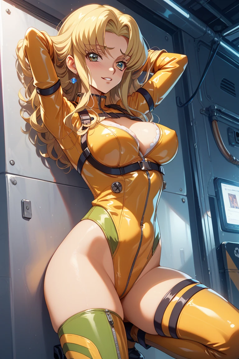 ((masterpiece,best quality anime,Highest quality:1.3)),realistic,cowboy shot,(2 beauty),1woman,独奏,((very small head:1.4)),((very long body:1.4)),blonde brown hair,straight long hair,gorgeous big eyes,Blue eyes,((tan skin:1.3)),((slender body:1.4,skinny)),(Yellow green leotard、clavicle、shoulder, white_thighhighs),medium breasts,gleaming skin,shiny skin,oily skin:1.3,sweat,Concrete wall、basement,Jail、