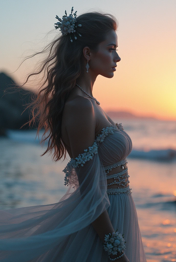 A beautiful biracial latina woman, blue long wavy hair, eyes closes, large breasts, wearing a blue princess dress with a low neckline and short sleeves, walking in the middle of the sea, with a golden sunset behind her, contre-jour lighting, Take the head out of the water back and leave a trail of a drop of water coming out of his hair, De Côté,
