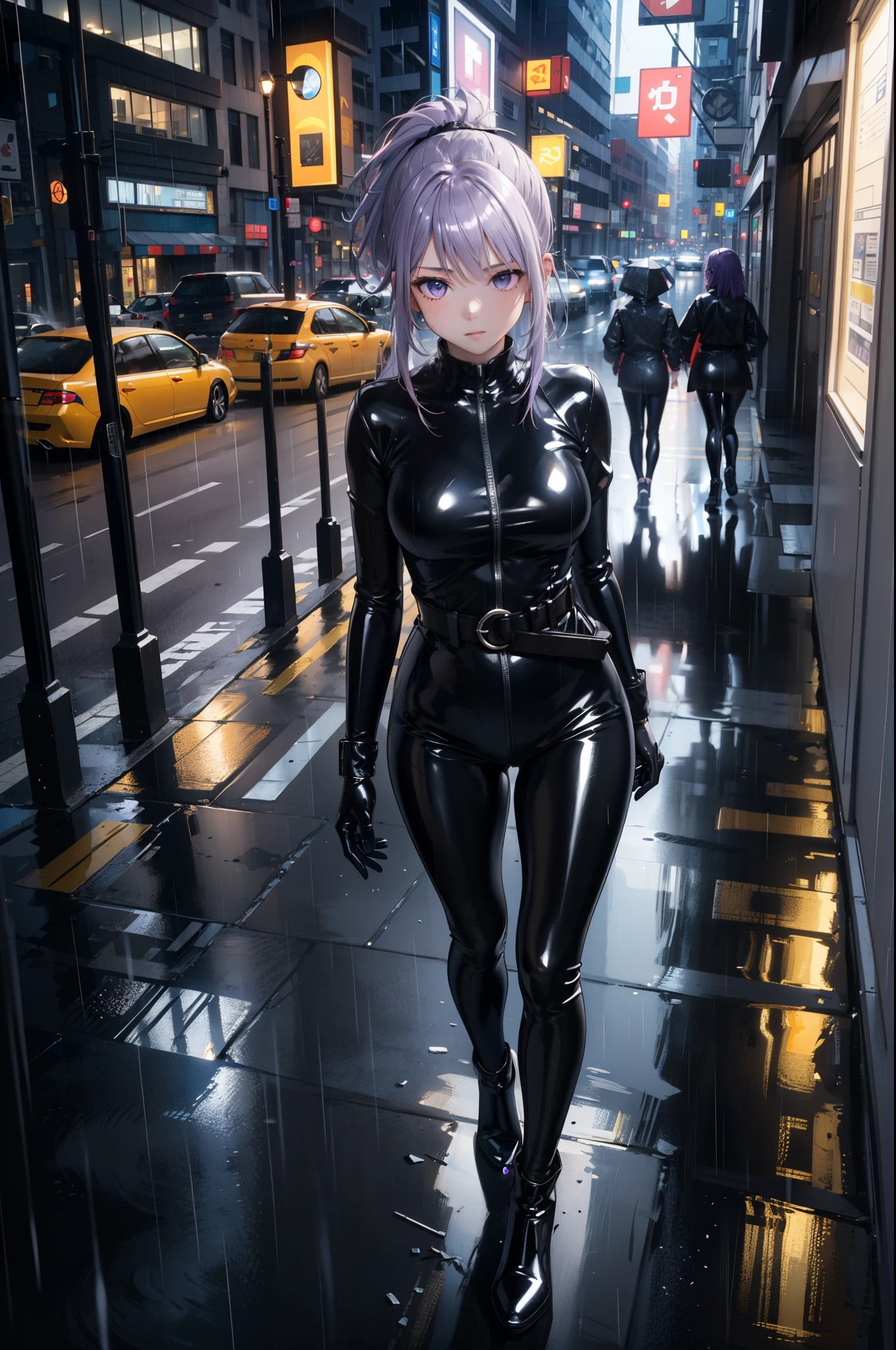 (Masterpiece, center, Detailed), a girl, Alone, seen from above, looking at the spectator, ojos Detaileds, purple eyes shirt, Lavender hair short ponytail, Love, Medium breasts, ((black latex bodysuit)), (black gloves, ((shiny black leggings)), black boots, al aire libre, city, cyberpunk, (rain), contrasted, legs apart,  belt,  belt pouch, night, city lights, Neon lights, street, auto, people, 