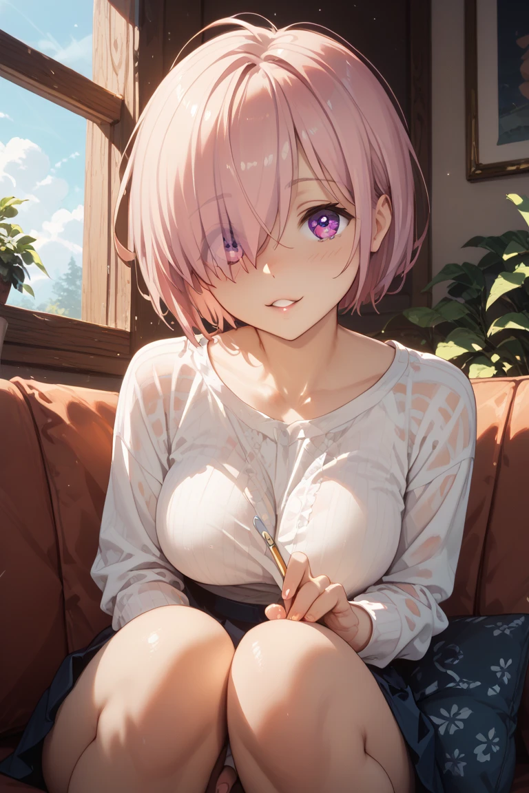 Masterpiece,Highest quality,8K,Ultra-high resolution,appropriate margins,lighting,BREAK,1 person,Very beautiful adult woman,Slim body,Very large breasts,BREAK,Light pink hair,mascara,Red eyeliner,Light pink lip,Thick upper eyelashes,Thin eyebrows,BREAK,Light purple eyes,BREAK,Embarrassed,Shy smile,BREAK,short hair,Wearing hair in one ear,BREAK,beige long sleeve sweater,shorts vinyl,BREAK,Eyes meet