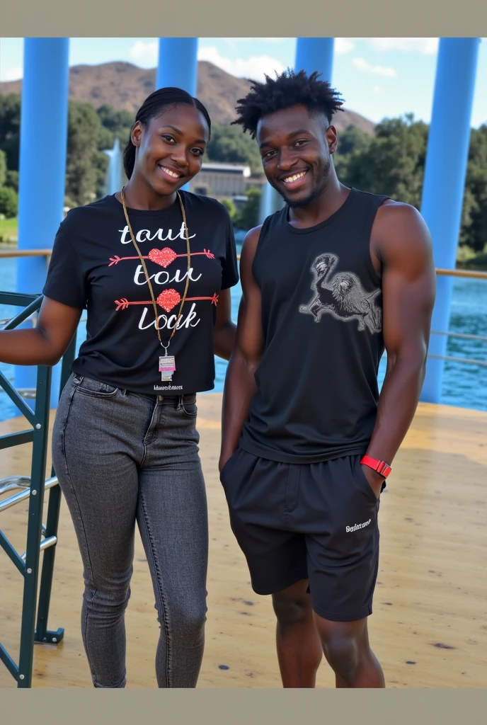 Create a kenya man aged 16 years without beard wearing a t-shirt written" Roba " sitting next to his girlfriend.The man is a bodybuilder