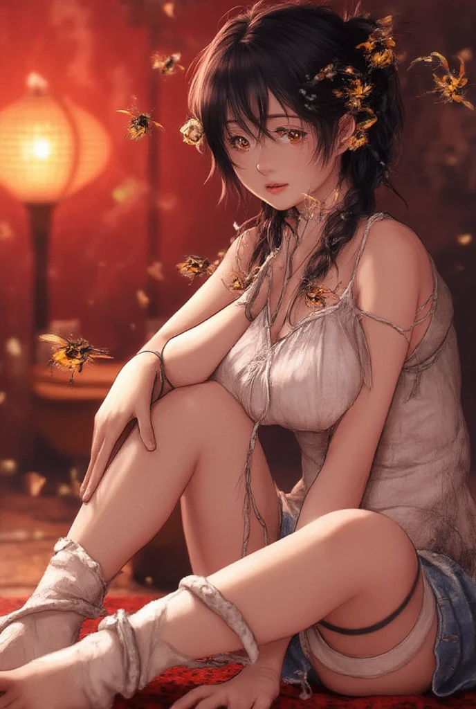 (nsfw:1.5), 1female,16yo,Slim,??,medium cleavage breasts Thin waist,slenderlegs,Pornographic exposure, 独奏,yuuki mikan, brown hair, yellow eyes, hair ornaments, long hair, topknot, wavy hair, smedium breasts,(wearing: yellow bath robe, garter belt, high heels), looking at viewer,(Background with:ln the forest,the rainforest,in summer,standing on your feet,Sweat profusely,drenched all over the body,seen from the front, hair straight, mostly cloudy sky,(((tmasterpiece),(Very detailed CG unity 8K wallpaper),best qualtiy,cinmatic lighting,detailed back ground,beatiful detailed eyes,Bright pupils,(Very fine and beautiful),(Beautiful and detailed eye description),ultra - detailed,tmasterpiece,)),facing at camera,(Full body photo),Show shoes,A high resolution,ultra - detailed),revealing breasts, Bulge,legs are open,Raised sexy,Flushed complexion,Open-mouthed,frontage,full body,