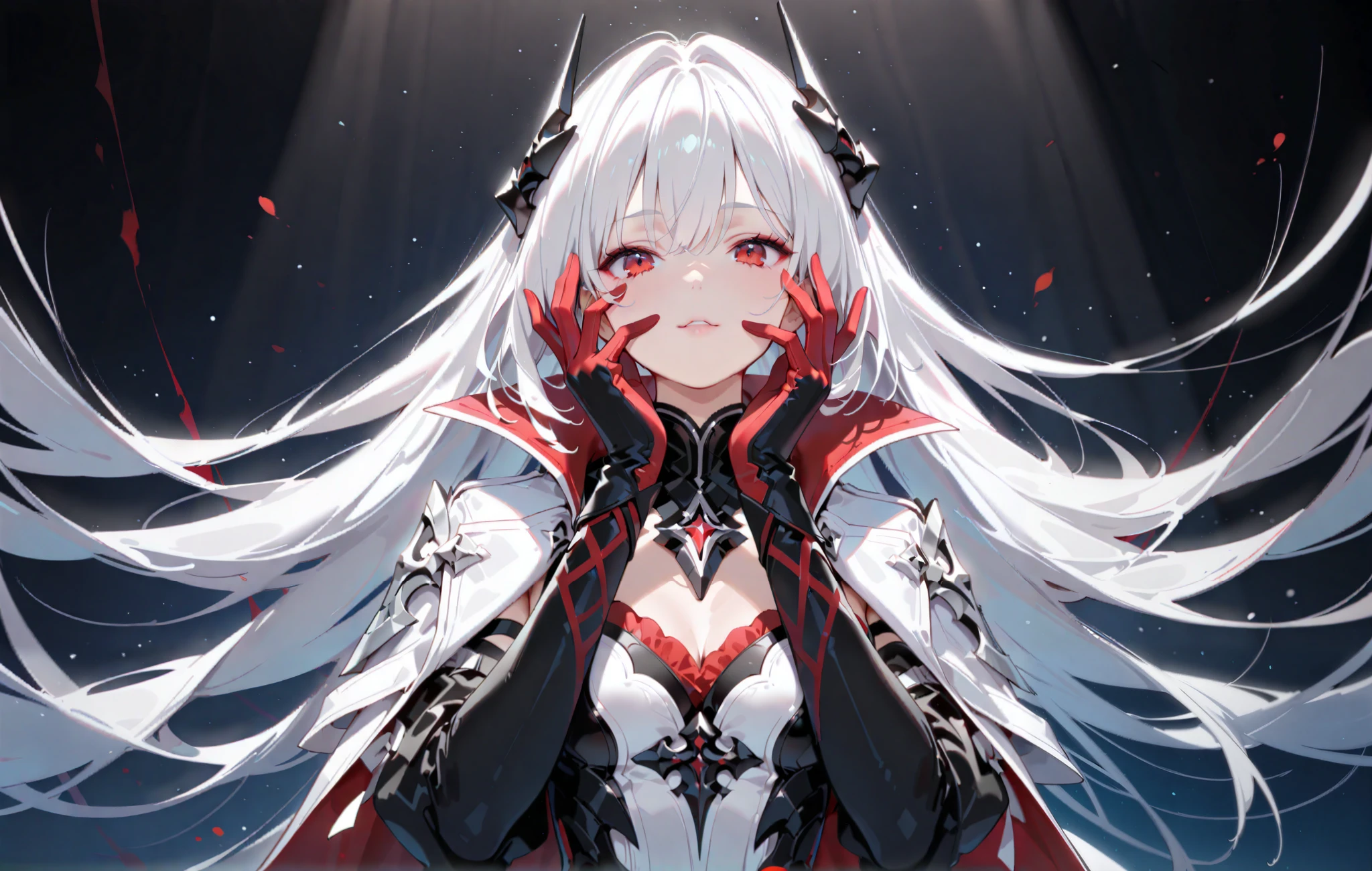 A painting that represents the magical essence of your world, Gray-haired, Mysterious black spots on neck、Red-eyed hero bathed in a waterfall of magical energy, Glowing particles fly around him.、Mysterious symbols appear in the air, masterpiece, Highest quality, Very detailed, figure, 8K resolution concept art, Fantasy art, Magnificent art, Concept Art Wallpaper 4K, Dark color, Natural light