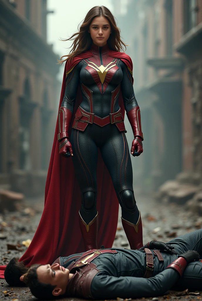 Compose a striking photography artwork featuring a Malay girl in hijab dressed as a superhero, red superhero costume, wielding a blade as her weapon, caught in an intense and dynamic fighting action pose. Utilize dramatic lighting and high-speed photography techniques to freeze the action and highlight the details of her costume and blade. Incorporate a backdrop that conveys the urgency of the battle, with elements that enhance the heroic ambiance. Capture the strength and determination in her expression, emphasizing the empowerment and courage of this modern-day superheroine