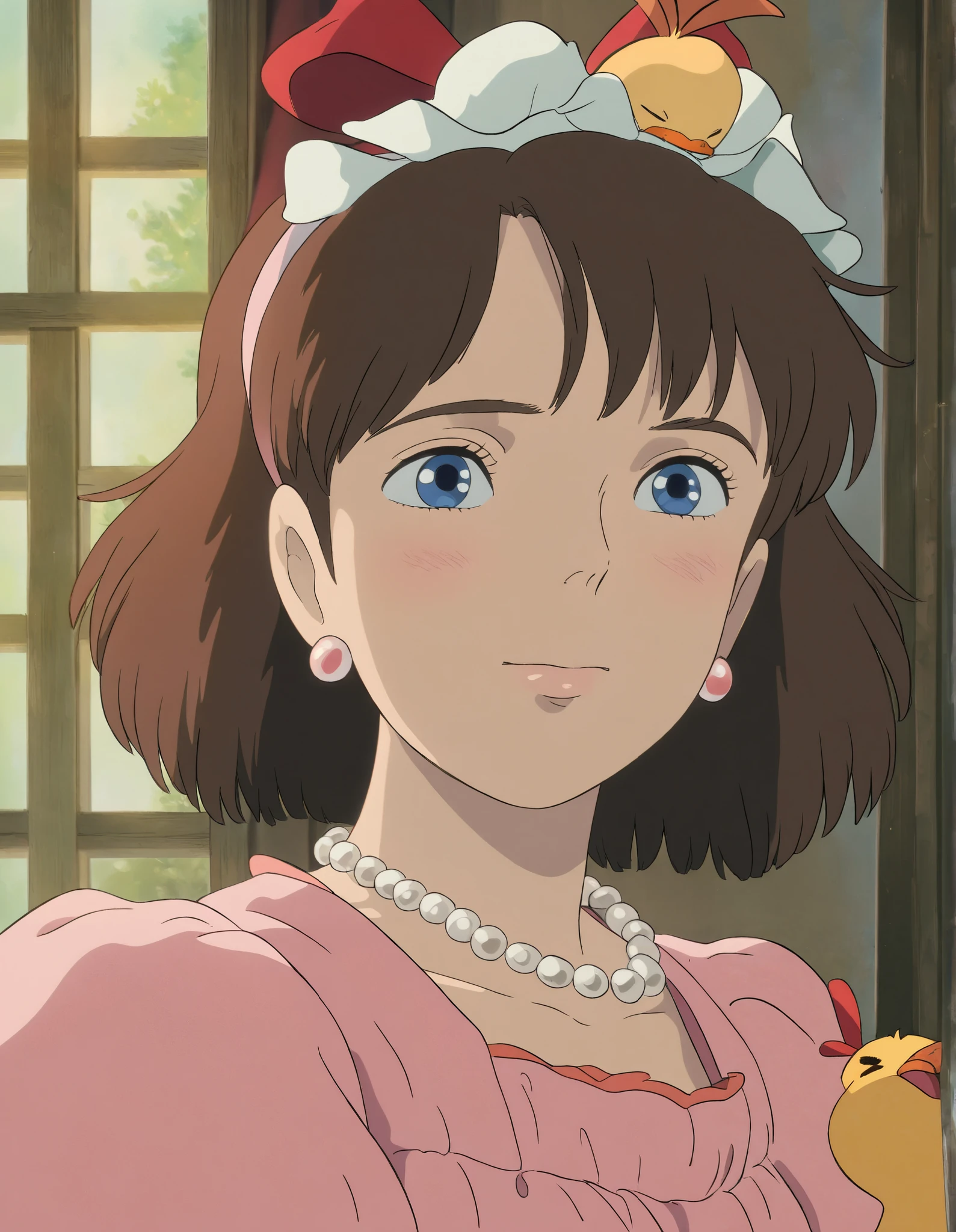 Studio Ghibli, hand drawn animation style,
Masterpiece, high score,
chica, portrait, illustration, brown hair, blue eyes, pink dress, RED RIBBON, pearl necklace, flower earrings