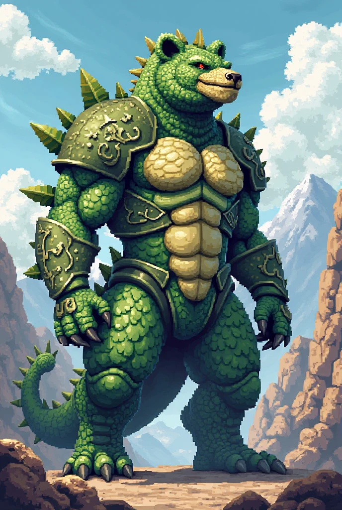 16-bit Sprite of a camo green dragon/Kodiak bear wearing Saiyan armor (Dragon Ball)
