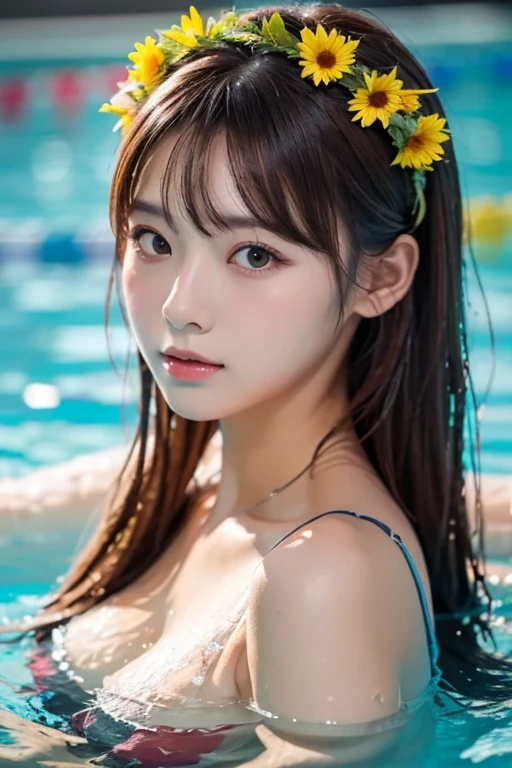 ((スポーツSwimwear:1.3)), Swimwear, Skin color, big , smile, (8K, RAW Photos, Highest quality, masterpiece:1.2), masterpiece, super detailed, super high quality, (Realistic and photorealistic photography:1. 37), High-resolution RAW color photos, Very delicate and beautiful, highly detailed, 8K壁紙, wonderful, detailed, Very eye, very detailed, very detailed skin, very thin fingers, very detailed nose, very detailed mouth, Perfect Anatomy, Upper Body, swimming, Transparency, tiny Swimwear, Nogizaka idol, Korean Idol, idol carving&#39;Temporarily stop, 18-year-old, cheap, Cafe, restaurant, Italy, deer, Australia, break ((Upward glance)), ((angle From above: 1. 3)), From above, Looking into the camera,long hair