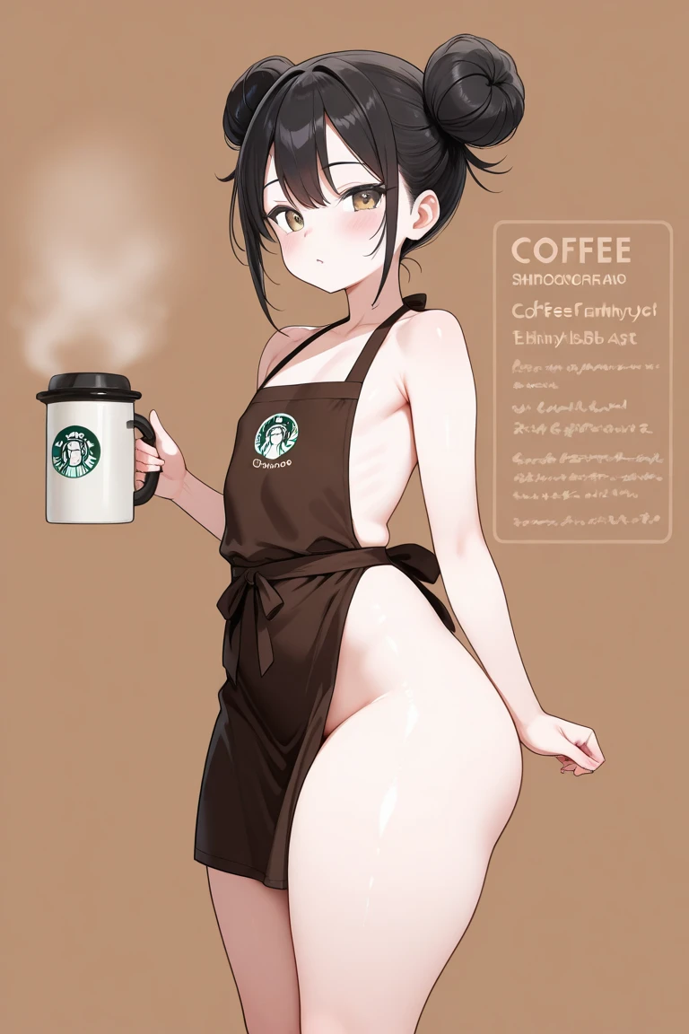 futanari, big penis, starbucks, in cafe, election, hold a cup of coffee, cafe uniform, undrboob, naked