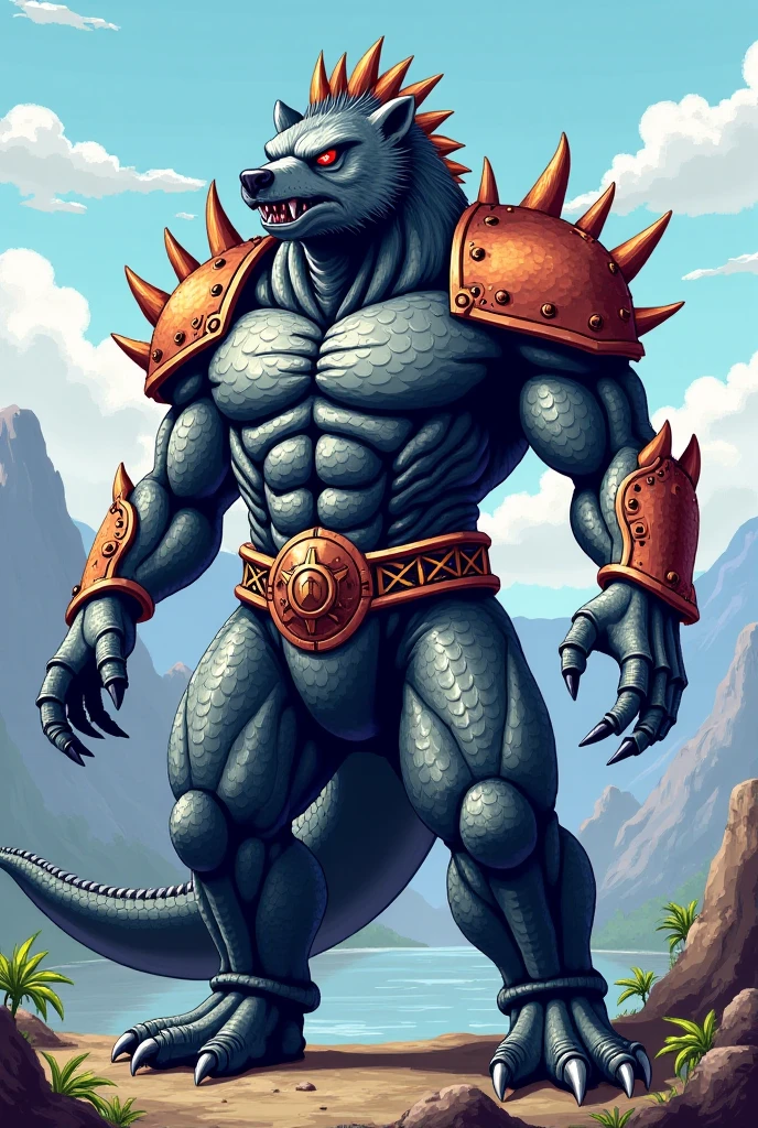 16-bit Sprite of a gray dragon/grizzly bear wearing Saiyan armor (Dragon Ball)