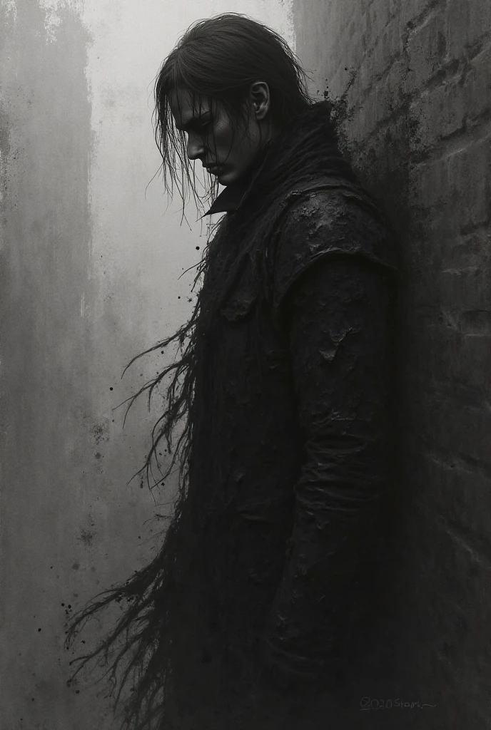 A gamer with an addicted look on their face, playing from a side view, Black metal style, xerox, black and white, white sky