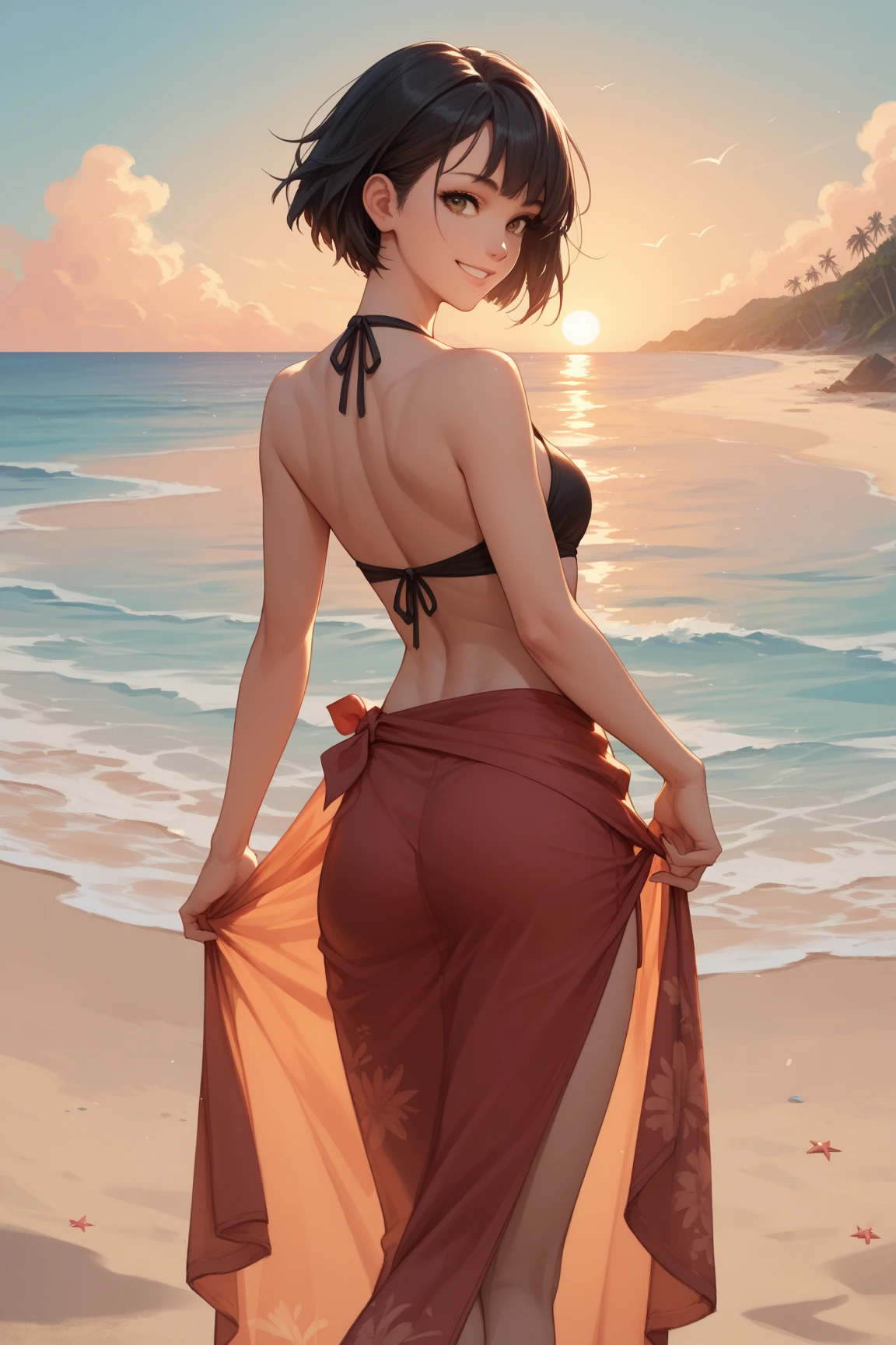 Beautiful oriental woman in bikini from back looking over her shoulders