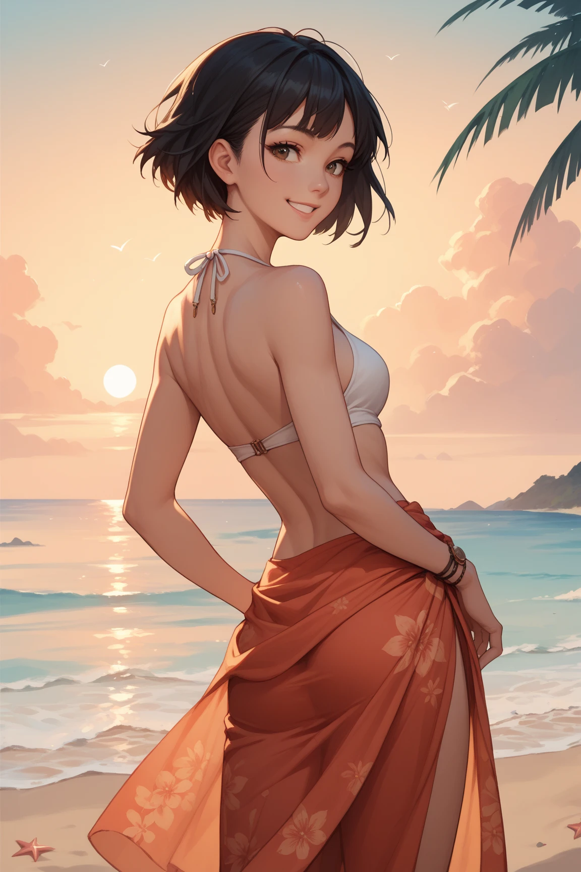 (Solo:1.2), portrait of an amazingly beautiful 28 year old woman, short black hair, amber eyes, tanned bronze skin, smile, outdoors, medium breasts, bandeau, crop top, strapless, midriff, bare shoulders, unbuttoned shorts,