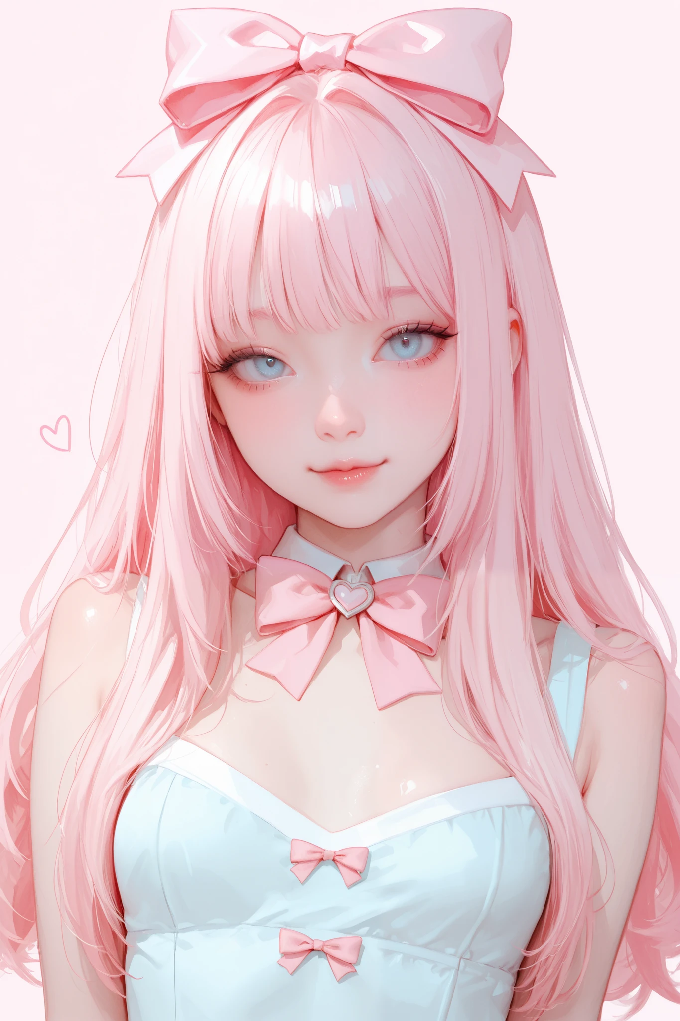 A beautiful, very cute and lovely girl, she has long, light pink hair with bangs, light blue eyes, fair skin, with a cute bow on her head. Small breasts. On a pastel-colored background.