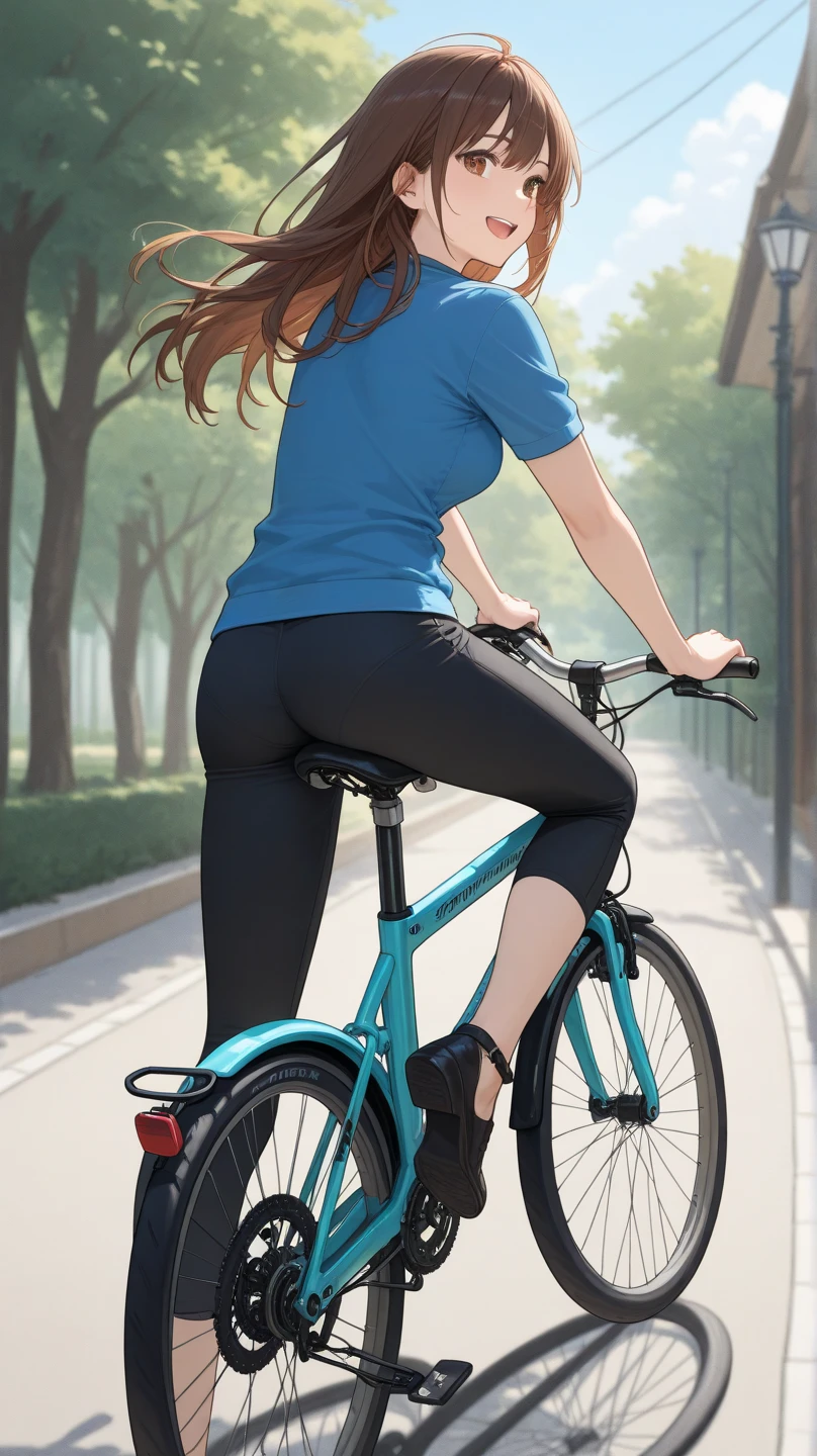 real, (realistic), super detailed, (4k), 8k, 21 year old woman rides a bike downtown along a sidewalk