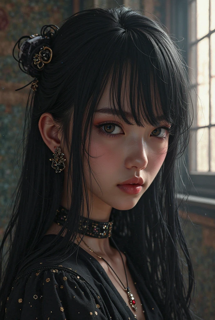 Highest quality、8k、masterpiece：1.3、Gothic Punk、The inside color is red、Gray Black Hair、hair ornaments、Beautiful girl、creative、Dark Fantasy Style、Neogoth、Goth Fashion：1.2、High resolution、masterpiece、Highest quality、頭w:1.3、((Hasselblad Photos))、Fine skin、Sharp focus、(Cinematic lighting)、Realistic textured hair