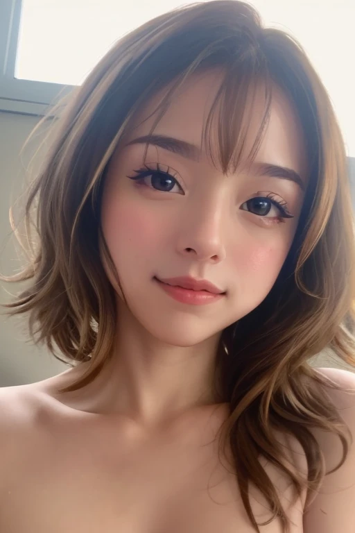 ((best quality, 8k, masterpiece: 1.3)), 1 girl, Slim Abs Beauty: 1.3, ( Casual and cute hairstyle: 1.2), : 1.1, Charming face expression of enjoyment and desire, Detailed eyes, double eyelids, With earrings, bedroom, Concert makeup, ((Medium breasts nude, cute breasts)), (Lying in bed), (The portrait was taken from above her lying body)