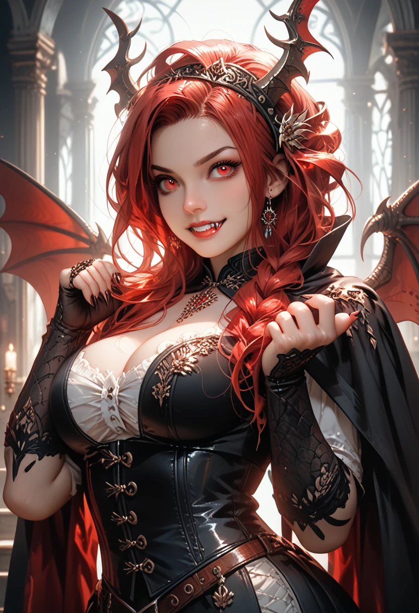masterpiece, best quality, realistic, a demon girl, long red hair, corset horns, black wings, cat eyes, dark environment