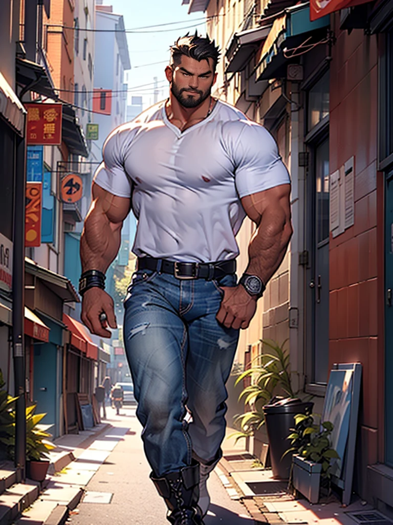 Best quality, masterpiece, ultra high res,detailed background,realistic,illustration,shot,solo,1man,muscular male,exaggeratedly muscular,beard,police uniform, ripped open shirt, ripped open pants,touching himself,street,muscular,facial hair,volumetric lighting,depth of field