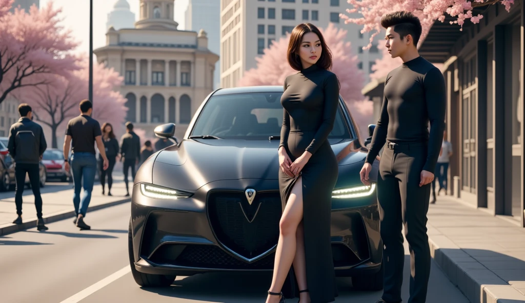 (8K wallpaper, masterpiece, best quality, ultra-detailed), (soft lighting, delicately beautiful), boy and girl holding hands, Alfa Romeo Juliet parked next to it, duplex building as background. --auto --s2