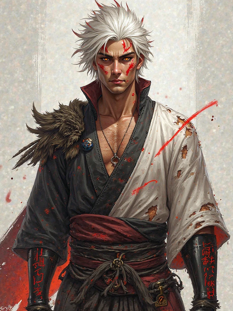 Rabbit Samurai,holding a large sword,Sword drawing pose,White hair,Red samurai suit