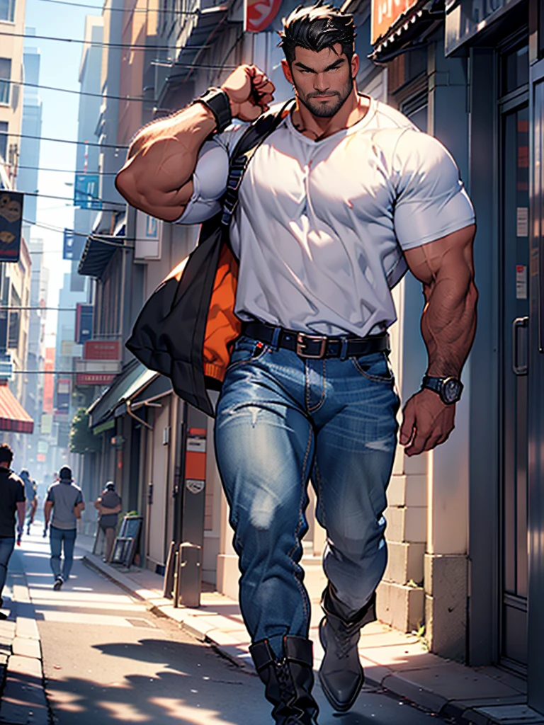 (Foot focus), 1man, short hair, toned, beard, baseball cap, barefoot, beautiful feet, shirtless, hairy body, open jeans pants, (underwear showing:1.3), lamp post, masterpiece, best quality, high-res, ultra detailed, tokyo, night, candid pose, looking at the camera, front view,
