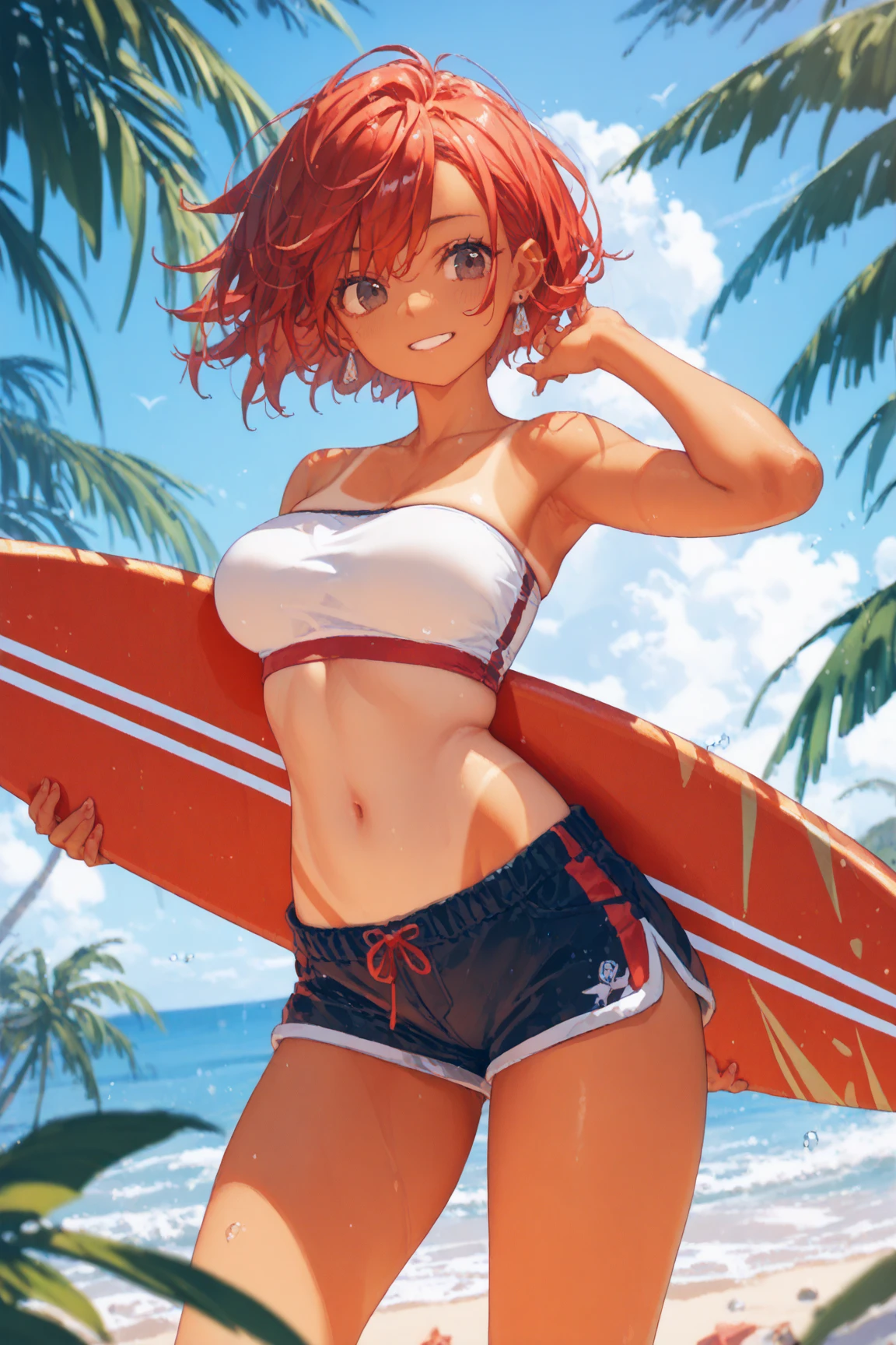 sunsethuman, female, two tones of hair, red and yellow hair, running in a bikini through the surf, wet body, beach, smiling, open mouth, waves in the background