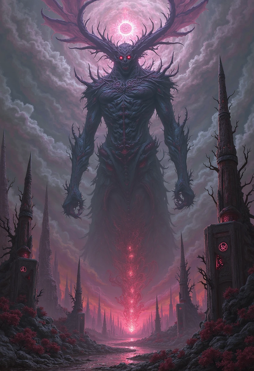 A land of slaanesh, Warhammer 40ka highly detailed 8K digital painting, dark fantasy landscape, ominous atmosphere, slaaneshi daemon prince, daemonic architecture, corrupted nature, glowing runes, ominous clouds, moody lighting, baroque elements, surreal, nightmarish,muted color palette,dramatic chiaroscuro,volumetric fog,photorealistic