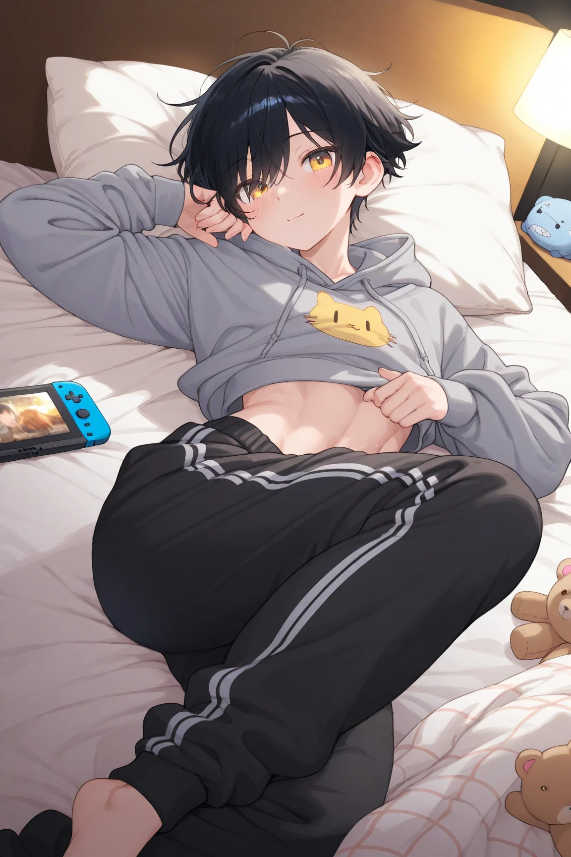 (detailed eyes),detailed skin,(masterpiece,best quality:1.4),Top Quality,High quality,
,1 boy,black open collared shirt,boxer briefs,lie in sofa,full hand