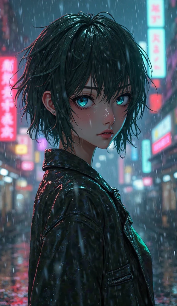 (8k, RAW photo, 最high quality, masterpiece:1.2), High-definition RAW color photo, Professional photo shoot, cinematic light, alone, (((young woman))), (detailed expression), (round eyes), (small face), (high detail skin:1.2), clavicle, cute face, beautiful appearance, long eyelashes, (black hair, short hair, black eye), (slim body shape:1.4), very detailed顔と肌の質感, fine eyes, double eyelid, ((dark and moody, Storm Weather, stand without an umbrella:1.5, soaking wet woman, wet and disheveled hair, Lonelyなネオンライト, reflective puddle, cityscape, heavy rain, soft shine, street, blurry light, blurry atmosphere, dramatic shadow, wet pavement, sparkling reflections, Lonely, city night view, wet hair, silhouette, flickering street lights, raindrop, gloomy atmosphere)), beautiful skin, shiny skin, perfect fingers, five fingers, anatomically correct, background bokeh, high quality, surreal, bright colors, ((nikon, 135㎜, f/1.8, very detailed, photo shoot)),
