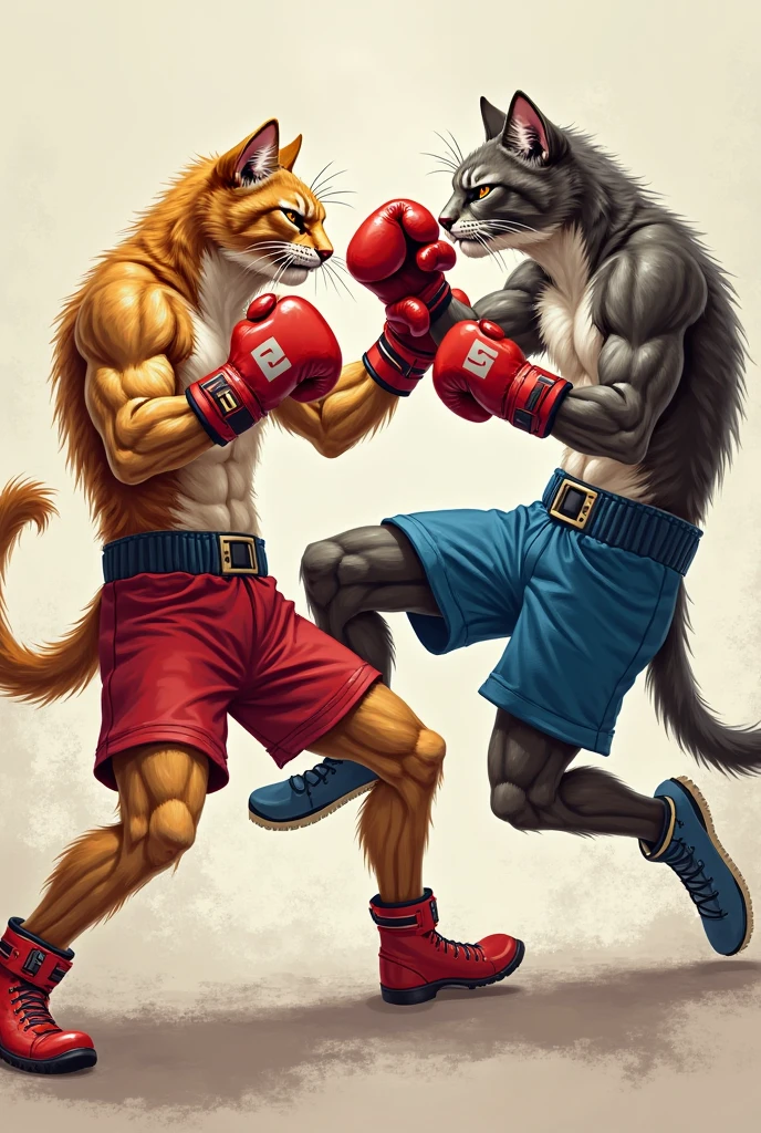 A realistic image of a muscular, anthropomorphic red cat and a muscular, anthropomorphic blue cat facing off inside a boxing ring. Both characters are wearing black shorts and boxing gloves; the red cat has white gloves, while the blue cat wears red gloves. The background features an excited crowd with various expressions of anticipation and surprise. The scene captures a dramatic moment in an animated sports-themed setting.
