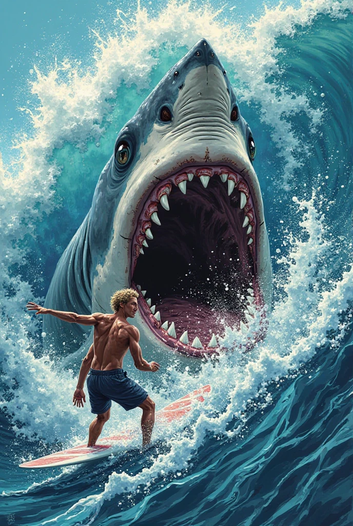 A massive great white shark, jaws agape, lunges at a muscular, sun-bronzed surfer with tousled blonde hair. Hyper-realistic details capture glistening water droplets, terror in the surfer's eyes, and the shark's razor-sharp teeth. Turbulent waves and ominous dark waters surround them.