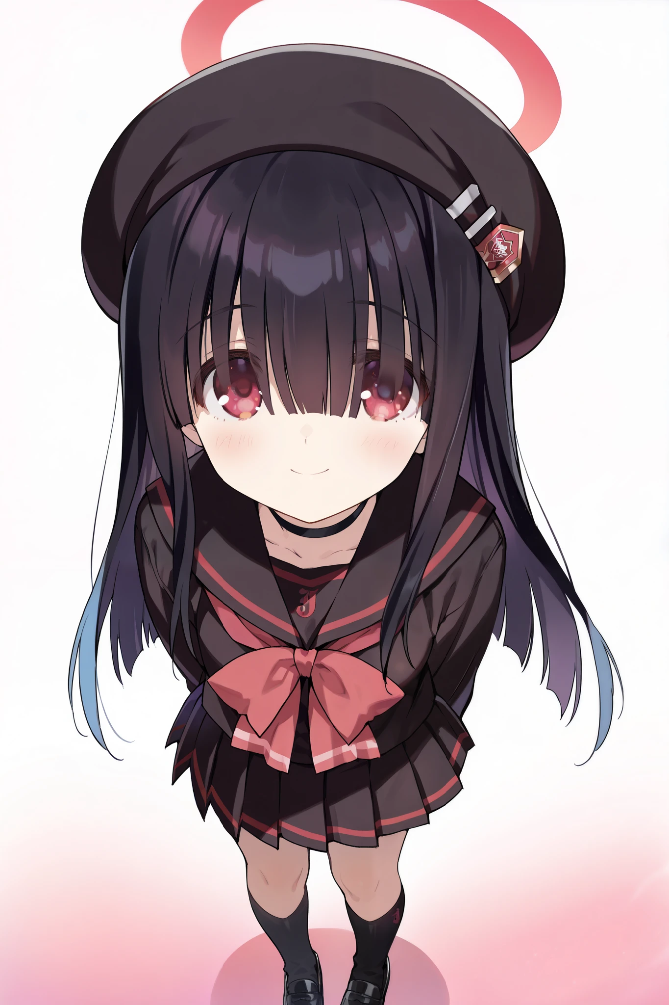 score 9, score 8 up, score 7 up, ultra-detailed, (best quality, (((masterpiece))), ultra detailed, ultra high res, absurdres, high-resolution, highest quality, very aesthetic, textile shading), source anime, (detailed eyes), (detailed face), nsfw, unsensored, BREAK, (to heart /(series/)), (santa matsuri), (game cg), seijitsu-eyes,
justice task force member \(blue archive\),red eyes,hair over eyes, black hair,halo,choker,beret,black serafuku,skirt,black socks,black footwear, red neckerchief, standing, tachi-e, smile, simple background, gradient background, white background, pink background,