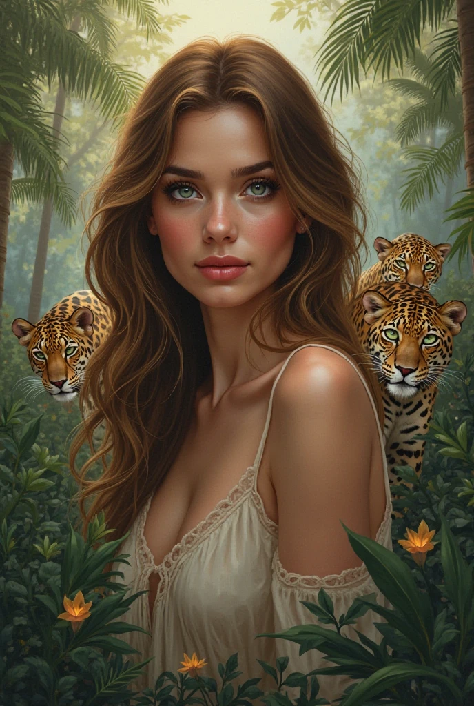 A beautiful girl with long flowing hair, wearing a sheer dress, standing in a lush jungle surrounded by a majestic lion, (best quality,4k,8k,highres,masterpiece:1.2),ultra-detailed,(realistic,photorealistic,photo-realistic:1.37),oil painting, cinematic lighting, dramatic shadows, intricate details, vivid colors, surreal atmosphere, inspired by Bill Sienkiewicz's art style