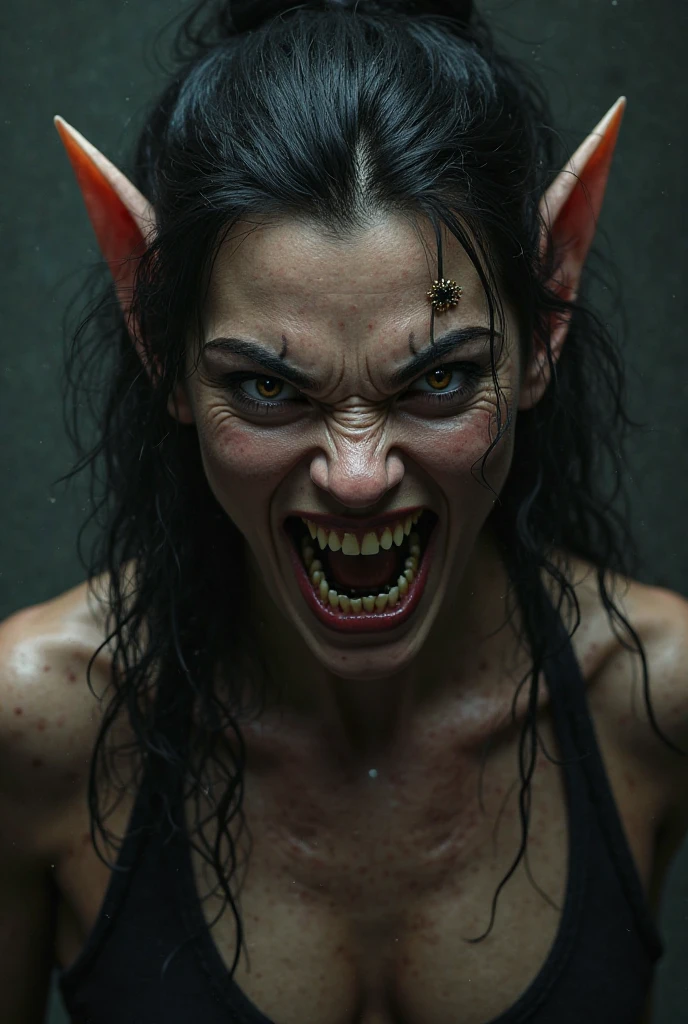 A female troll with brown hair, wavy and curly. With brown eyes and ager. And have bloody fangs. And be carnivorous