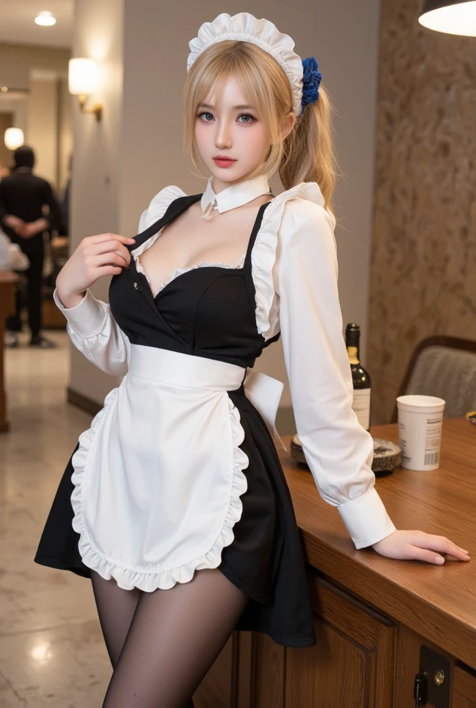 1girl, (Blue Eyes), (smiling :1.3), (beautiful makeup :1.2), (Sana Minatozaki), wide hips, Big tits, big ass, (Best Quality, 8k, Masterpiece: 1.3), Clear Focus: 1.2, Perfect Body Beauty: 1.4, strong abs, Highly detailed face and skin texture, detailed eyes, double eyelids, (blond long twins tails hair :1.2), (black maid outfit), apron, long stockings, standing, dynamic pose, in a maid cafe, coffee shop, portrait, blurred background