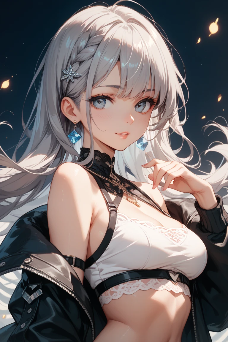 {((anime, Op art, depth of field, motion blur, glowing light, UHD, retina, masterpiece, ccurate, anatomically correct, textured skin, super detail, high details, high quality, award winning, best quality, highres, 16k))} . | {((cute loli, noble lady hairstyle, beautiful detailed eyes, big breast, cleavage, joyful))} . | {((sexy body, beautiful detailed jewel leather collar, crescent earrings))} . | {((wide angles, upper body, (perfect_fingers:1.0), (perfect_legs:1.0), better_hands, More_Detail))}
