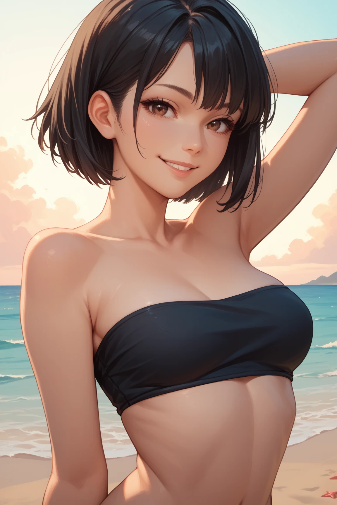 highest quality、Realistic、woman、summer night、Gray Eyes、ponytail、all back、Black Hair、Orange Lingerie、Dark blue yukata、Open yukata、Tanned black body、Tan Skin、Brown black skin、Dark skin、slender、Large Breasts、smile、Bust Shot
