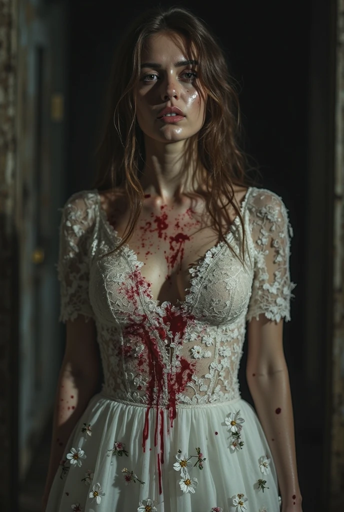 horror scene. Realistic mannequin of woman WITH knife in hand and wearing wedding dress in a glass display case. The dress has blood. devilish smile.