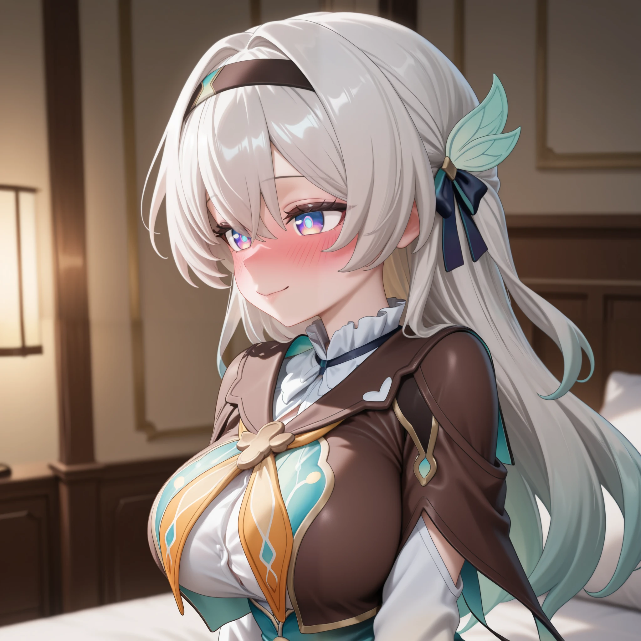 1 girl, cute face,F1reflyDF, blue pupils, purple eyes, blue eyes, grey hair, multicolored hair, long hair, black hairband, hair ornament, brown capelet, frilled collar, white shirt, long white sleeves, green skirt, gradient thighhighs, small curvy, oppai, blushing, splash art anime, seductive anime girl, top rated on pixiv, anime! 4 k, anime! 4k, , ecchi, anime goddess , upper body focus,Masterpiece, best quality , is ridiculous, up to date, very aesthetic, great quality, high resolution,sensitive, sitting, default room