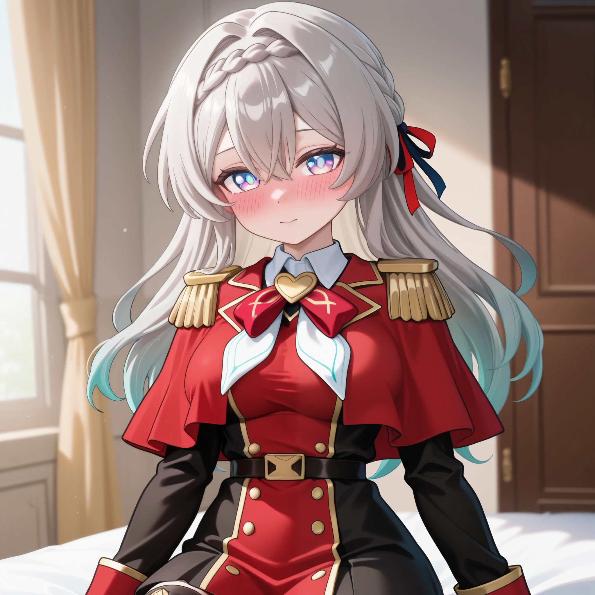 1 girl, cute face,F1reflyVsn, blue pupils, purple eyes, blue eyes, grey hair, multicolored hair, long hair, red hair ribbon, black hair ribbon, braid, military uniform, black uniform, red uniform, red bowtie, epaulettes, red capelet, black belt, black skirt, black thighhighs, small curvy, oppai, blushing, splash art anime, seductive anime girl, top rated on pixiv, anime! 4 k, anime! 4k, , ecchi, anime goddess , upper body focus,Masterpiece, best quality , is ridiculous, up to date, very aesthetic, great quality, high resolution,sensitive, sitting, default room