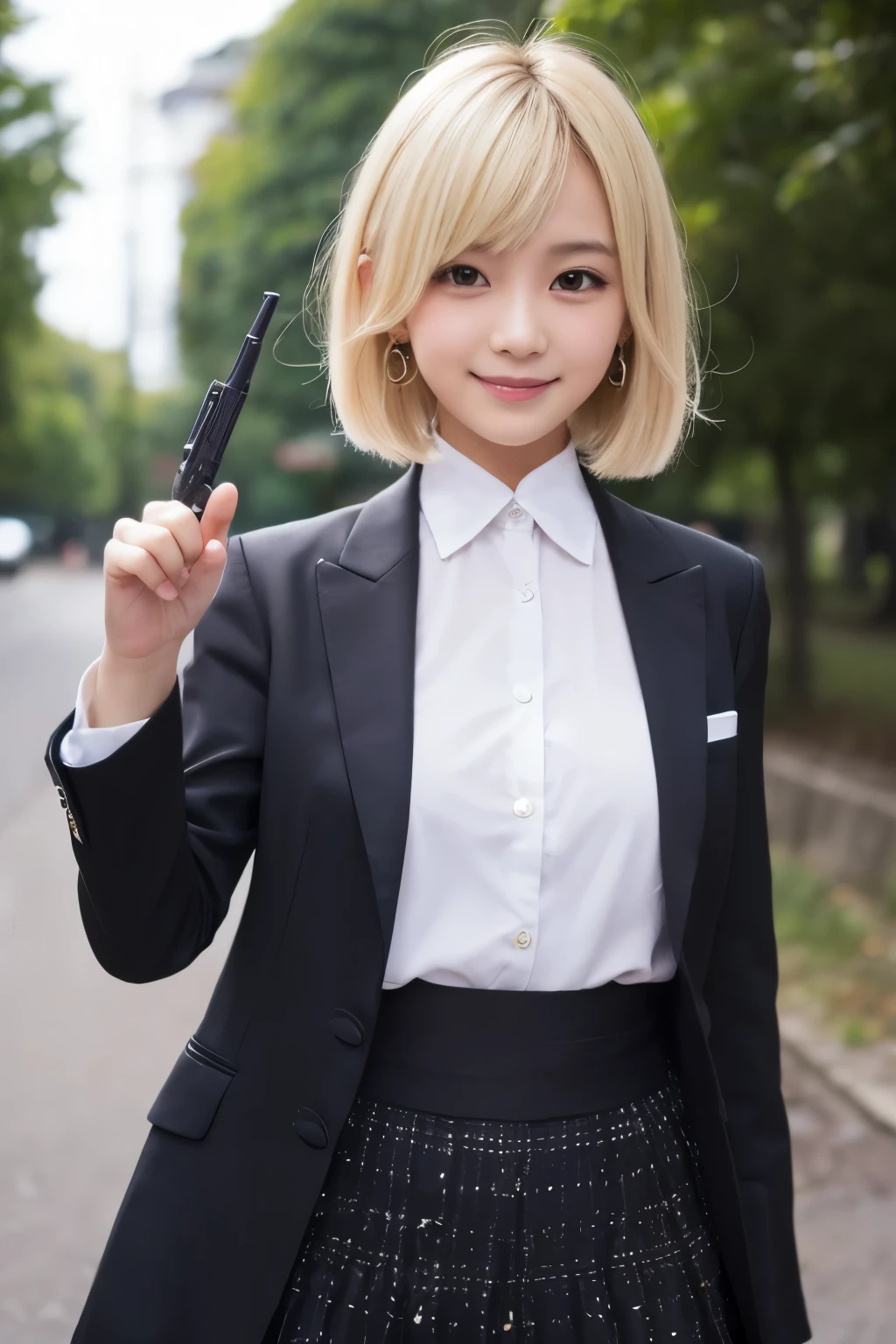 20 year old cute black woman、black skin、African American Women、big breasts、、Background Company、mini skirt、Immaculate bikini、superior, skirt suit, (((Three-piece suit))), tie, blazer, Jacket, waistcoat, ダブルブレストのwaistcoat, bodycon skirt, pencil skirt, tieクリップ, pocket、100％Smile、1 woman、milf、short hair、silver hair、Hair Bob、hair band、smug face、

