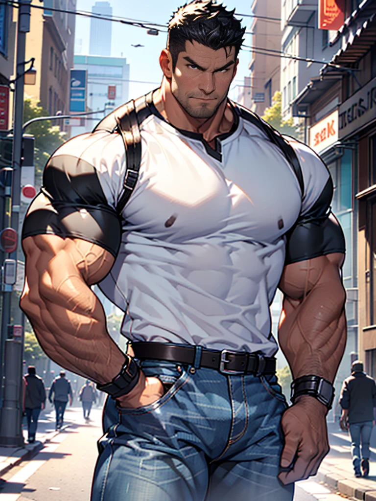 (masterpiece), best quality, expressive eyes, perfect face, 1 boy, 24 years old, Muscle Man, Bodybuilder,Have a tattoo, Soaked white T-shirt, trousers, Suspenders, Factory equipment, complete scene，脫掉Suspenders褲，factory scene，There are many objects and machines piled around，Dust glasses