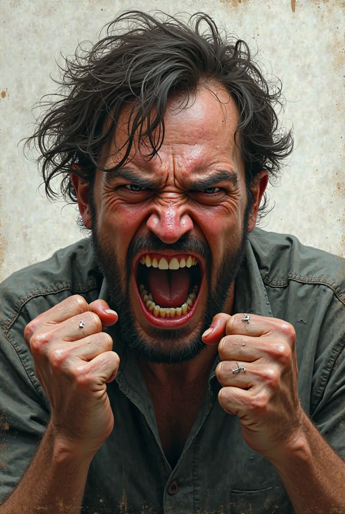 A male character with brown hair and black eyes wearing a white shirt is very angry.