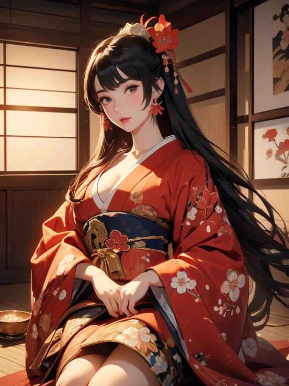 beautiful girl、Big Breasts、Black Hair、Long Straight、Great style、Nice body、Muscular、Abdominal muscles、Beautiful buttocks、Toned Legs、Completely naked、nude、pubic hair、Are standing、、The whole body is visible、kimono、kimonoがはだける、Japanese-style room、One girl、smile