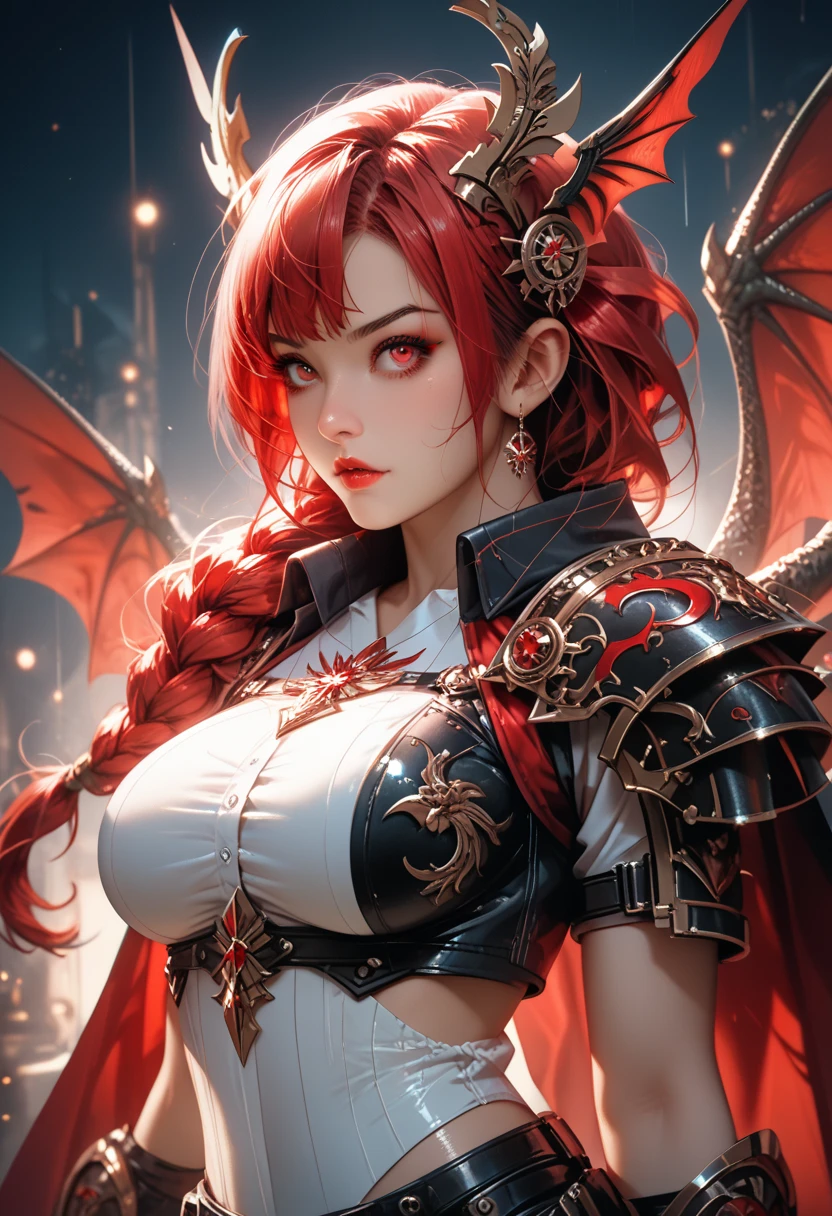1 woman, Pretty Caucasian (female), Sarah Shahi, a slim but muscular body, huge breasts, ((tall and beautiful magical girl)) ((big blue eyes)) ((dark eyeshadows make up)) (()) ((pale skin)) ((bright red lips)), ((very long wavy redhead hair pony tail, bright hair)) ((big breast:1.7)) ((slender body:1.3)) ((wear fantasy magical strapless corset, short skirt)) ((earrings, long cape)) ((action pose)) ((dragon breathing fire flying, magic sparks floating around)) ((on tower castle at night)) ((kigdom landscape lights at night, full moon)) ((high definition:1.5)) ((masterpiece:1.5))((8k:1.5)) ((Best quality:1.4)), more_details:-1, more_details:0, more_details:0.5, more_details:1, more_details:1.5, exposed thighs, exposed naked hips, half naked, no bra, exposed breast, exposed nipples, nude beast.