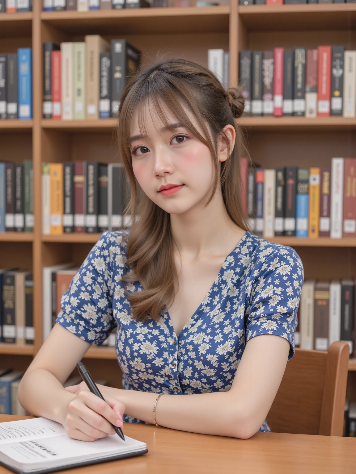 (highest quality, 8k, 32k, masterpiece, Ultra-high resolution:1.2),Beautiful Japanese Women Photos, Very small breasts, Very beautiful braided hair,Upper Body,Loose-fitting sweater, necklace, View your viewers,((library,Reading a book,)),mole,
